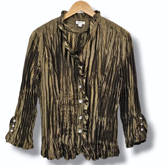 Jaipur Tops - Jaipur Bronze Metallic Crinkle Top M Pleated Ruffle Rhinestone Dressy Whimsigoth